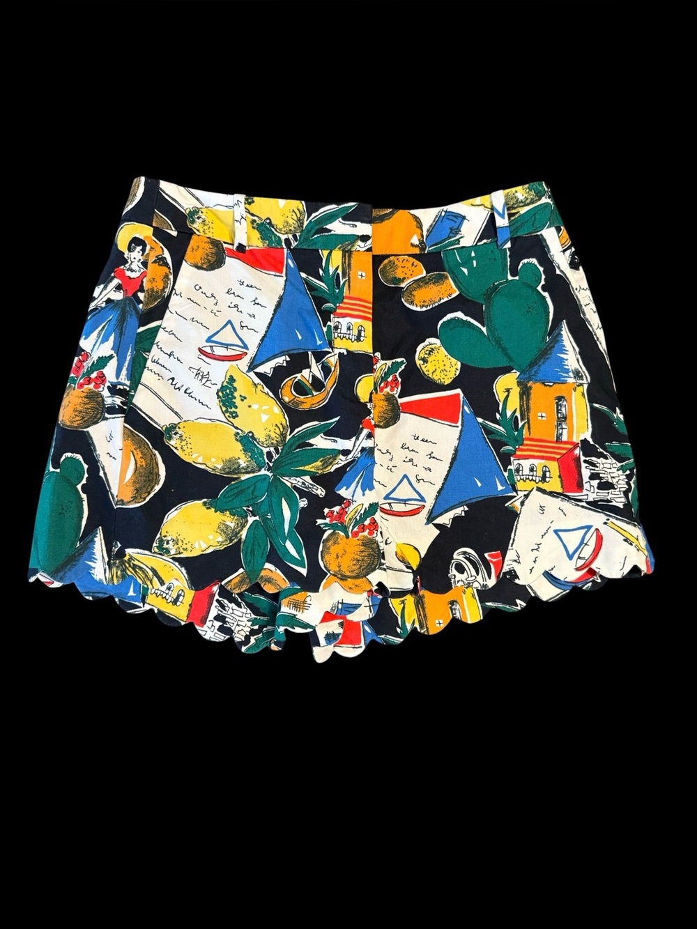 J Crew postcard print cotton shorts vibrant, multicolored pattern scalloped hem